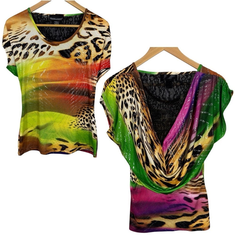 Frank Lyman Artsy Bold Short Sleeve Top Sz 8 M Bright Colourful Cowl Lace EUC